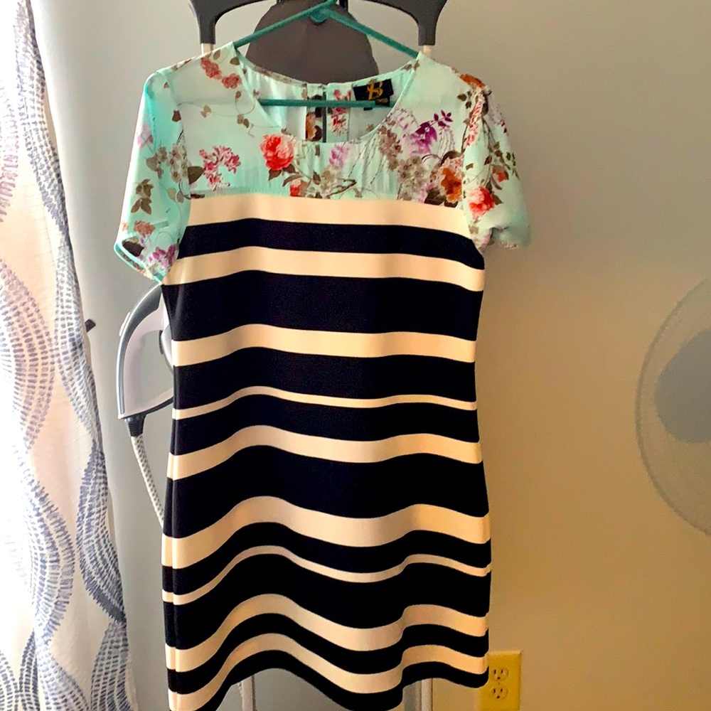 This is a cute Anthropologie dress. The top is silk and the bodice is stretchy.
